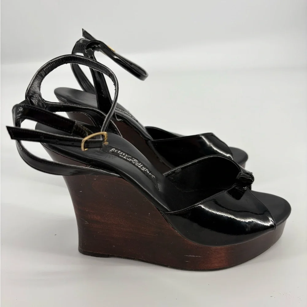 Vintage Y2K Betsey Johnson Black Patent Leather Wedge Heel Sandals